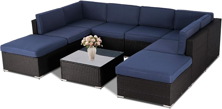 Amazon Com Oakmont 9 Pcs Outdoor Patio Furniture Sets All Weather Pe Rattan Wicker Sectional Sofa With Ottoman Coffee Table Thick Olefin Cushions With Ykk Zippers Navy Blue Kitchen Dining