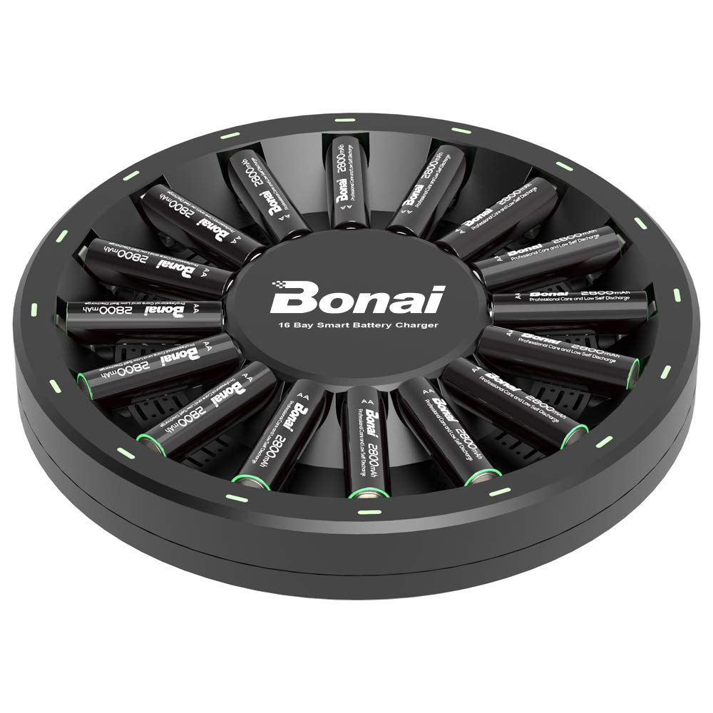 BONAI 16 Bay Smart Battery Charger Round with 16 Pack AA