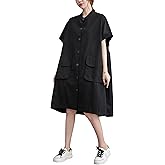 ellazhu Women's Dress Short Sleeve Button Down V-Neck Shirt Flowy Hem Pockets Spring Summer GA2744