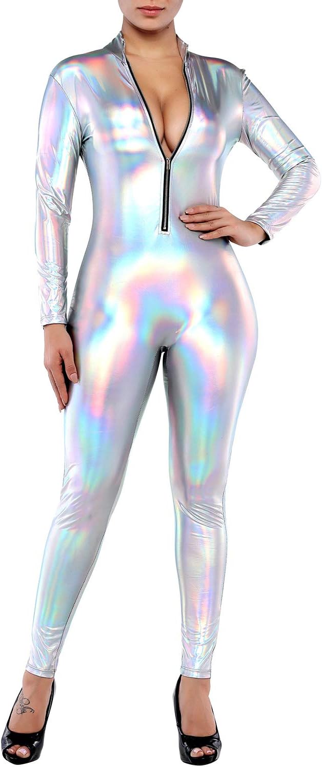 DIAMONDKIT Women's Shiny Metallic Bodysuit Sexy Jumpsuit Catsuit