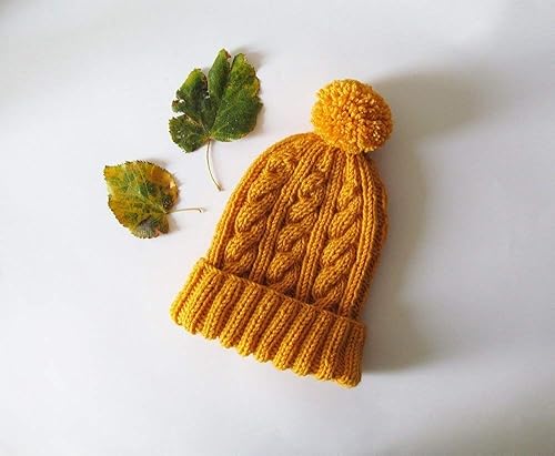 Amazon Com Cable Knit Hat In Yellow Hand Knit Beanie With Folded Brim Womens Pom Pom Hat Winter Accessories Wool Blend Gift For Her Handmade