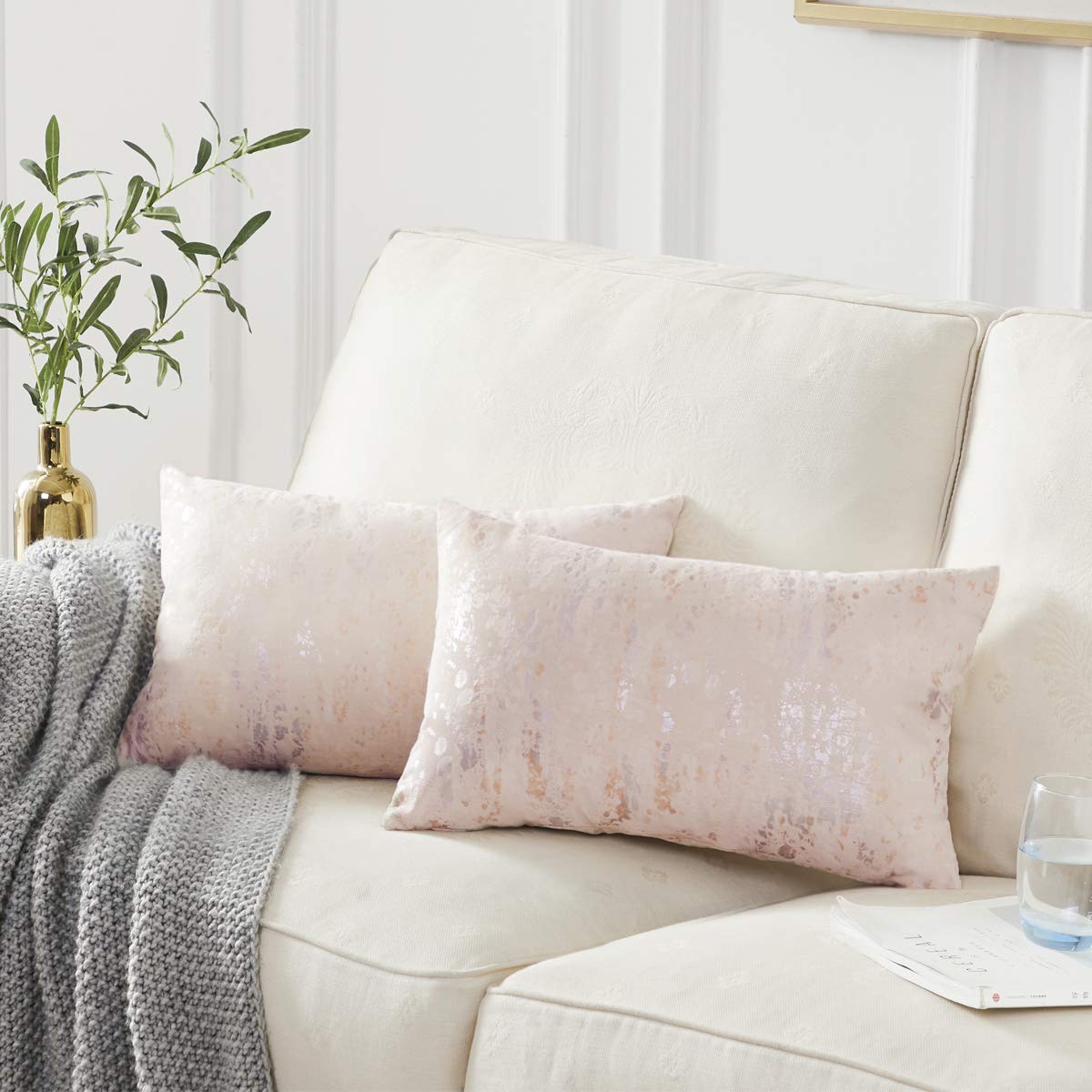 OMMATO Cream Cushion Covers 12 x 20 inch Square Soft Velvet Decorative Pillow Covers Silver Gold Print Throw Pillowcases for Couch Bed Living Room 30cm x 50cm Pack of 2