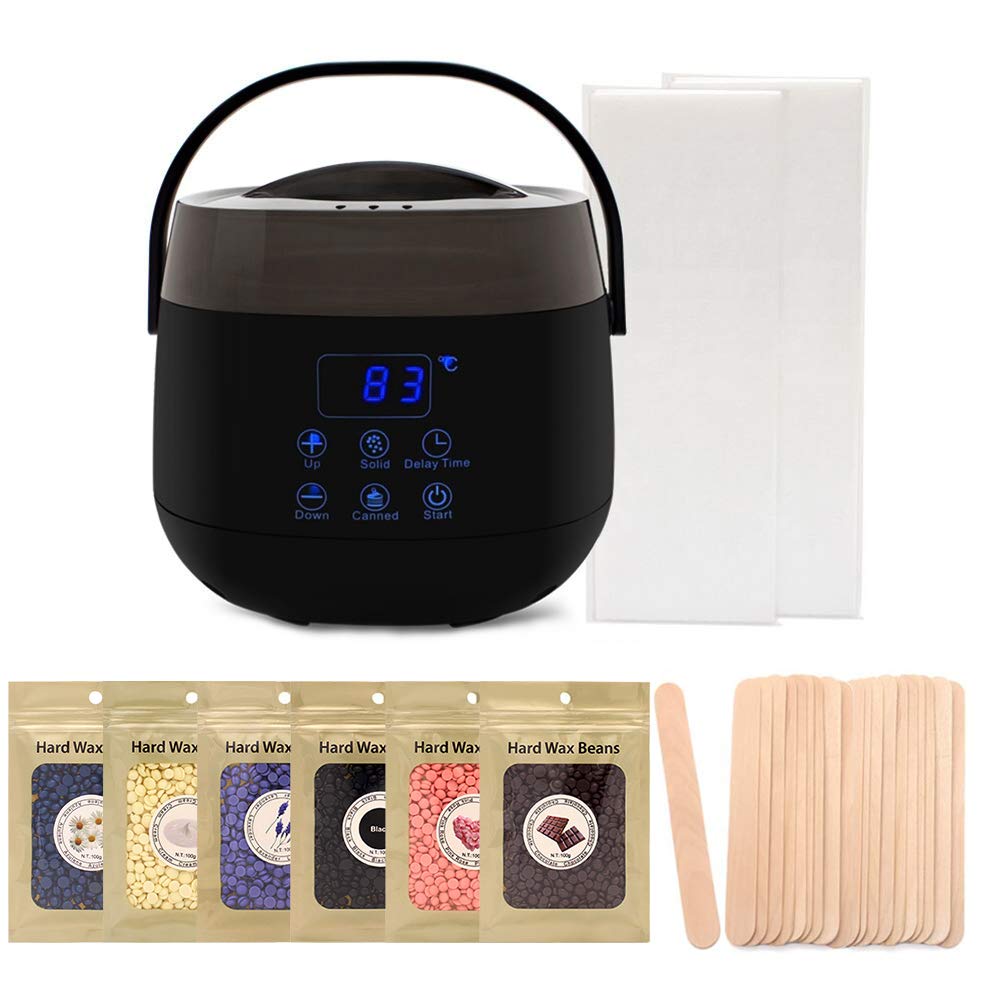 Wax Warmer Profession Electric Wax Heater Pot Waxing Kit Set Hair Removal for All Wax 6 Different Flavors Hard Wax Beans+20 Applicator Sticks LCD Digital Display Black