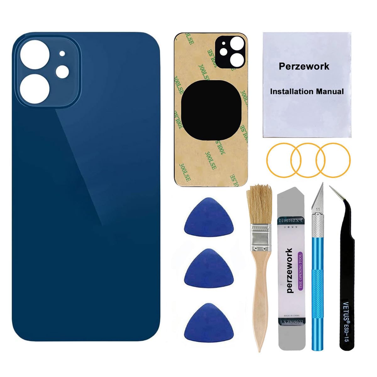 Perzework OEM Rear Back Glass Replacement for iPhone 12 6.1 inches with Reparing Toolkit and Pre-Installed Adhesive (Blue)