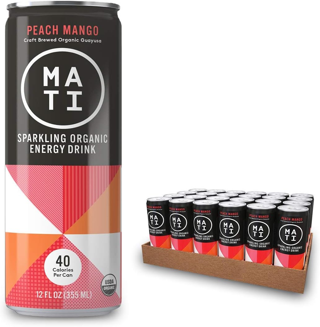 MATI Plant-Powered Sparkling Organic Energy Drink, Peach Mango, 40 Calorie, 12 Fl Oz, Pack of 24