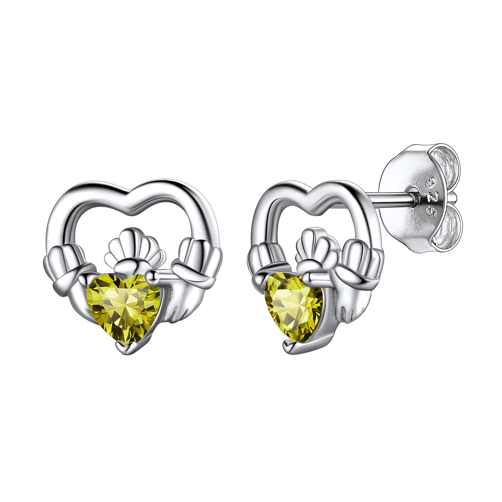 Hypoallergenic 925 Sterling Silver Claddagh Celtic Knot August Birthstone Yellow Earrings, Birth Stone Jewelry Dainty Cute Stud Heart Shaped Hoop Earrings for Women Teen Girls