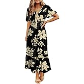 Dokotoo Womens Tie Front V-Neck Empire Waist Dress Summer Short Sleeve Smocked Wedding Guest Dress Floral Maxi Dresses
