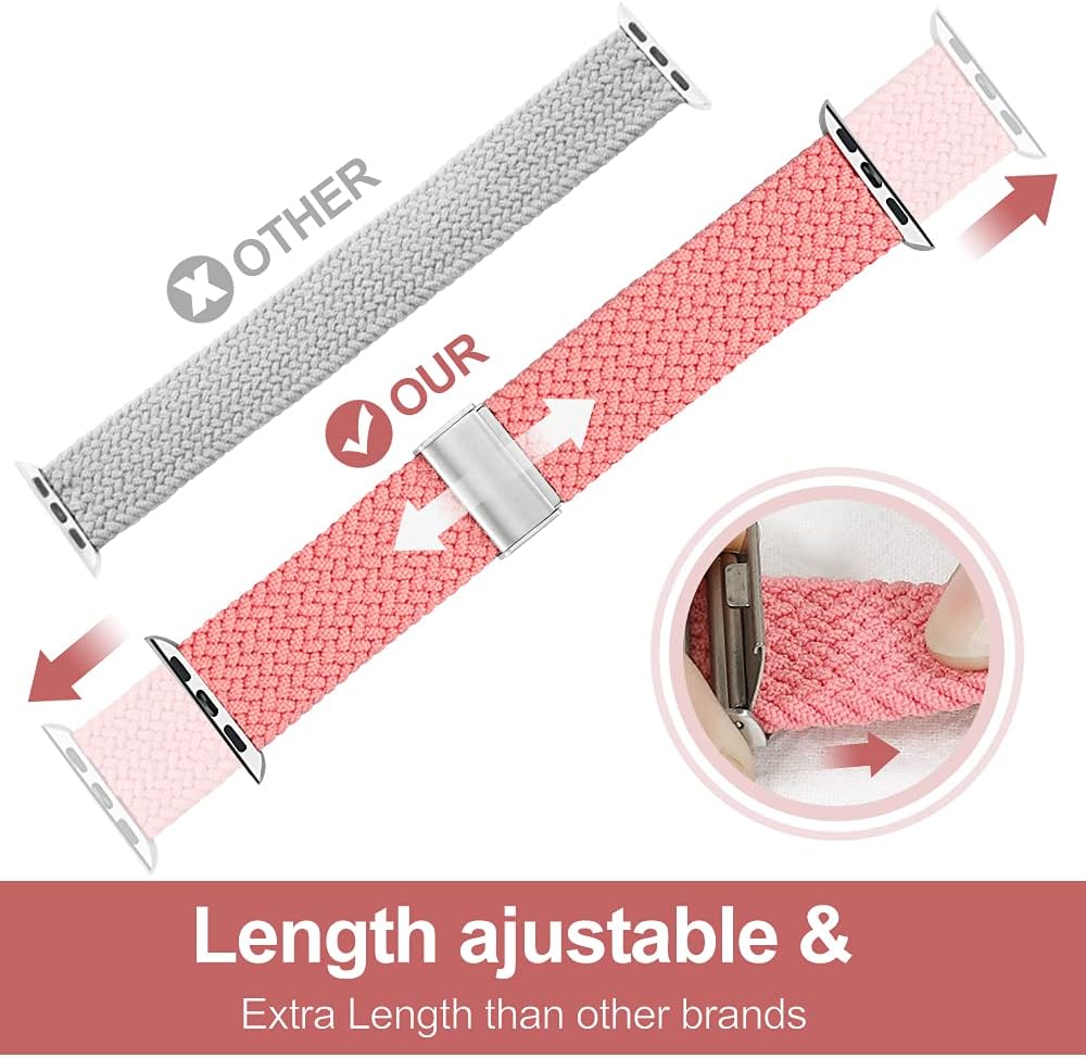 WZS Adjustable Extra Length Nylon Braided Solo Loop Watch Band Compatible with Apple Watch 38/40MM,Pink