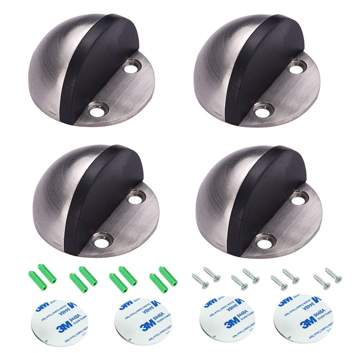 Floor Mounted Door Stop Stainless Steel Floor Door Stopper Pieces Oval Floor Mounted Half Moon Door Stops with Screws and Glues for Protect Walls and Doors (4, Original Color)