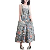 COWOKA Overalls for Women Floral Print Denim, Baggy Jumpsuits with Pockets, Vintage Loose Fit Rompers