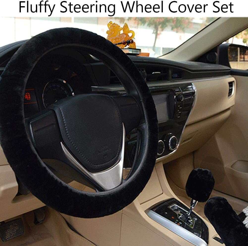 Fluffy Steering Wheel Cover Set,3 Pcs 1 Set Winter Warm fuzzy Steering Wheel Cover Handbrake Cover Gear Shift Cover Universal Plush Non-Slip Interior Accessories for Car,Truck,SUV - Image 5