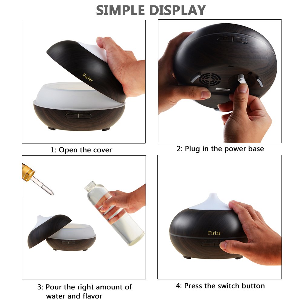 Firlar 300ml Wood Grain Cool Mist Ultrasonic Humidifier LED Night Lamp Aromatherapy Oil Diffuser Baby-AUTO Shut off Lights For Office Yoga Home Bedroom