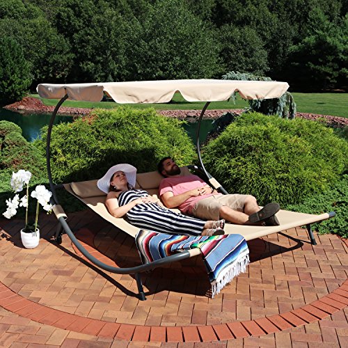 Sunnydaze Outdoor Double Chaise Lounge Bed with Canopy and Headrest
