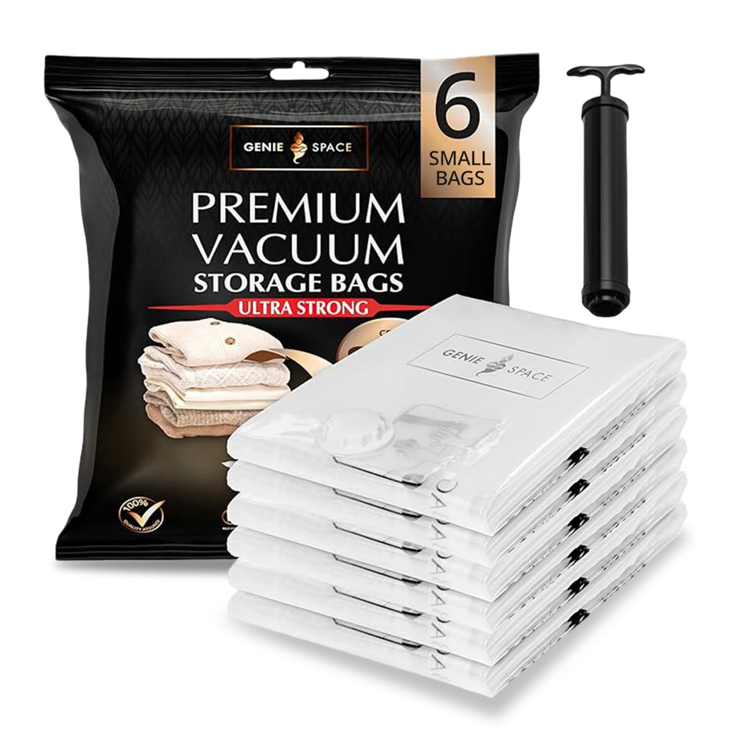 GENIE SPACE Premium Vacuum Storage Bags for Clothes, Bedding and Travel, Small Size 60x40cm, Airtight, Reusable and Odour-Proof Space Saver Bags with Double Seal, 6 Pack with Travel Pump