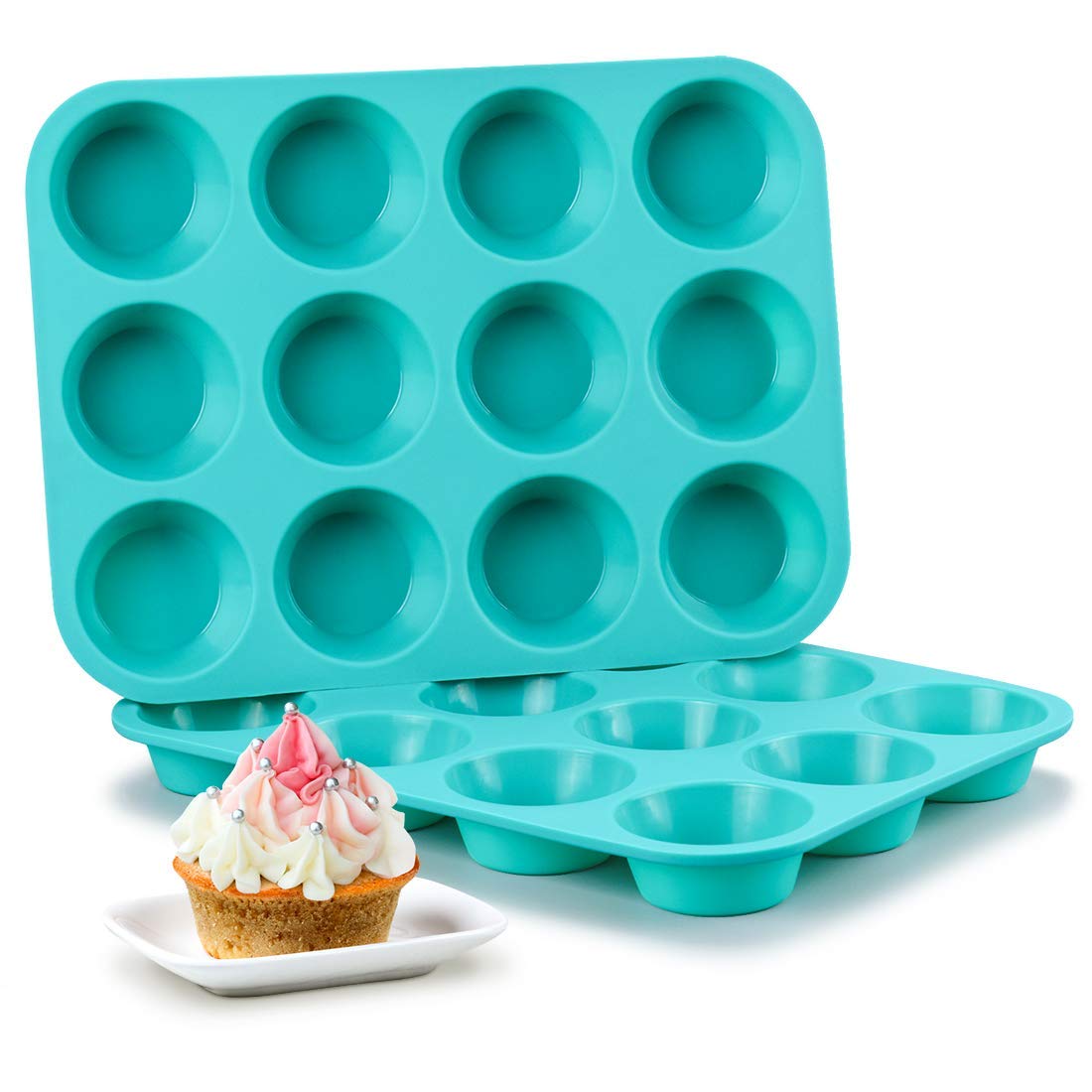 Keraiz ST-51301, 12 Cup Silicon / Silicone Muffin Tray Cupcake Cake Cases, moulds. Available in assorted colours in pink, blue or red 6.8 x 3 x 5 cms