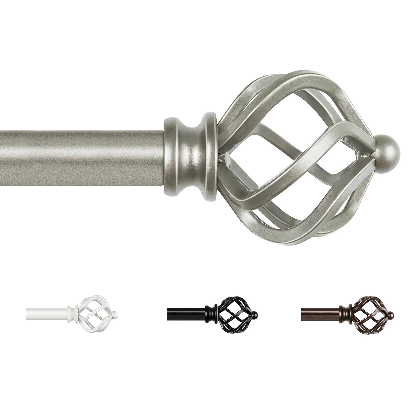 KAMANINA Antique Silver Curtain Poles for Eyelet Curtains 80 to 292 cm, 19 mm Diameter Curtain Pole with Twisted Cage Finials for Window, Kids Bedroom