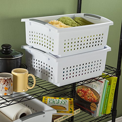 Sterilite 16648006 Large Stacking Basket, White Basket w/ Titanium Accents, 6-Pack