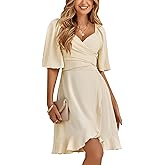 ANN CREEK Women's Short Dress Wrap V Neck Smocked Elastic Waist Short Flared Sleeve Belted Ruffle Hem Party Dress 2024 Apricot S