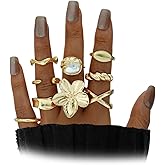 Mexegy Chunky Gold Flower Knuckle Rings for Women,Vintage Square Baroque Pearl Statement Joint Rings,Trendy Geometric Aesthetic Hand Jewelry Accessories Gift