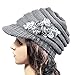 Women's Cable Knit Newsboy Visor Cap Hat with Sequined Flower, Grey, One Size