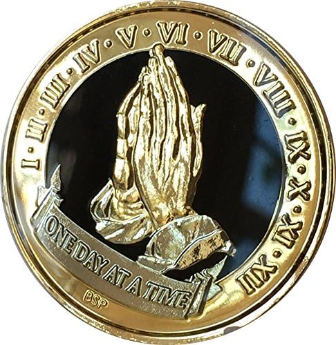 Bright Star Press One Day at A Time Praying Hands Black Gold Plated Nickel Tri-Plated AA Alcoholics Anonymous Medallion Sobriety Chip Years 1 2 3 4 5 6 7 8 9 10 11 12 Year 1-12