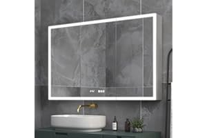 ExBrite Lighted Medicine Cabinet 48x30 Inch,Recessed or Surface led Medicine Cabinet, Clock&Room Temp Display,Defog,Stepless Dimming,Medicine Cabinet with Lights 3-Color Temper Change, Outlets & USBs