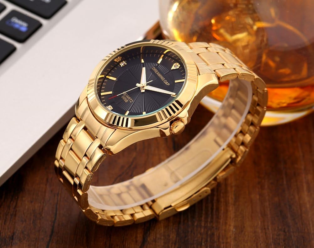 DREAMING Q&P Gold Stainless Steel Men's Watch - 005 IP Plated Dress Wristwatch for Male,Crystal Index,Adjustable Length (Gold-D) - Image 4