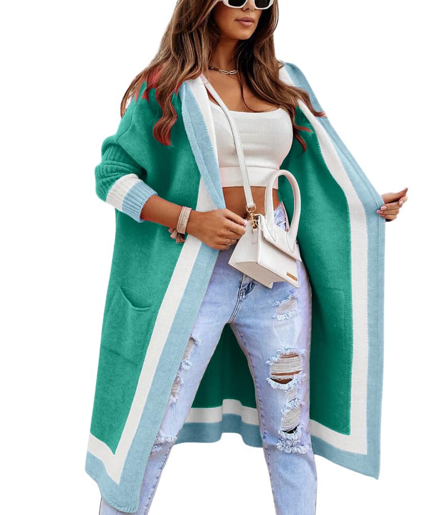 chouyatou Women's Color Block Vertical Striped Open Front Oversized Hooded Long Cardigan Sweaters with Pockets (Small, Mint Green) Image