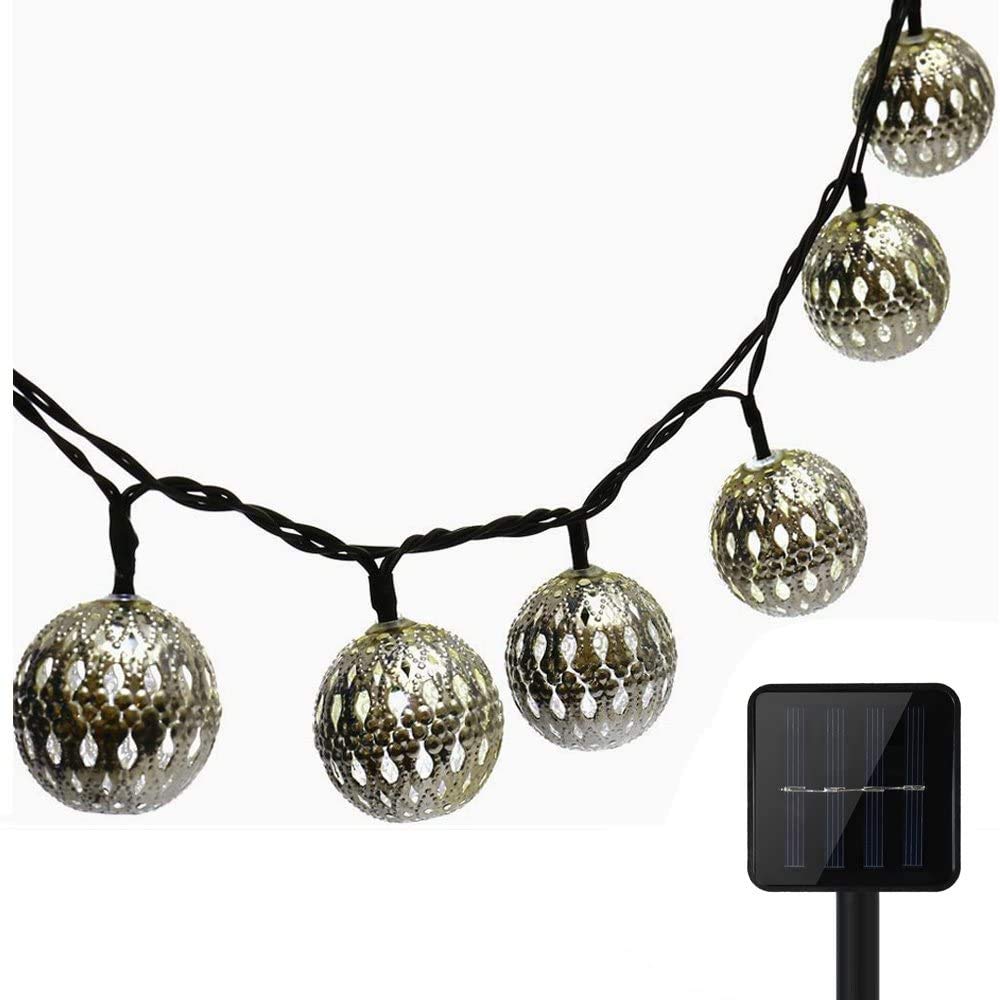 KEEDA 10 LED Solar Powered Global Ball String Fairy Lights Lanterns, Waterproof Copper Moroccan Metal Garden Solar Lights, Outdoor Christmas Tree Light, Festival Ambiance Lighting (White)