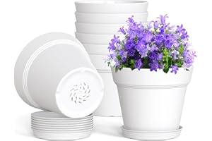 WSMKSZ 4 Inch Plastic Plant Pots with Drainage Holes and Trays – 8 Pack Small Nursery Pots for Indoor & Outdoor House Plants and Flowers, Seedling Starter Planters, White