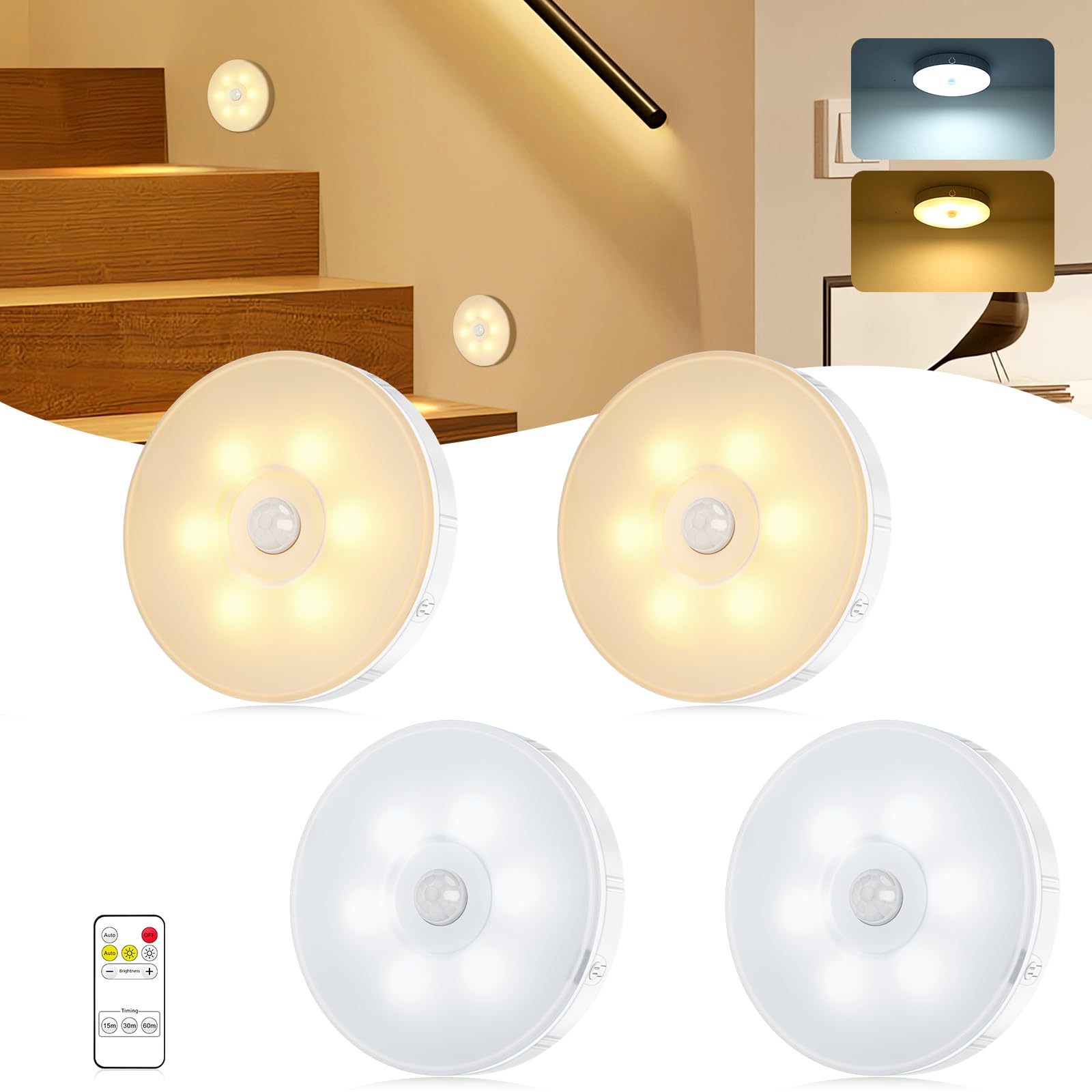 4 Pack Motion Sensor Lights Indoors,12 LEDs Stair Lights with Remote Control,5 Modes USB Charging Cupboard Lights Warm/Cool White,Dimmable LED Night Light for Closet,Hallway,Kitchen,Cabinet