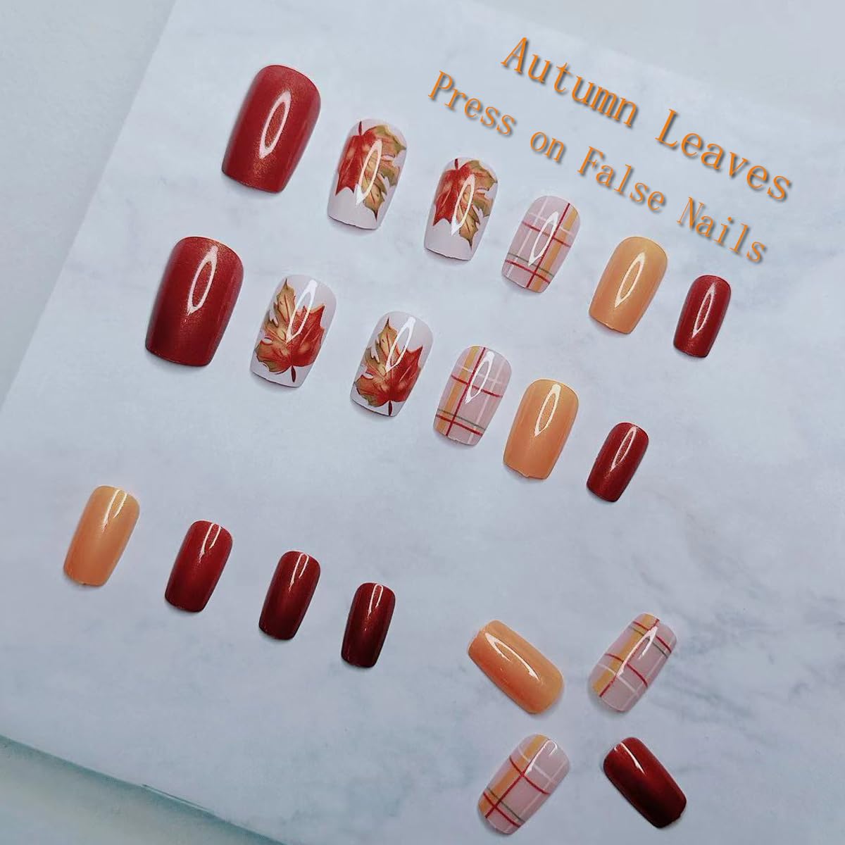 Thanksgiving Fall Press on Nails Medium Square Fake Nails Maple Leaf Orange Glitter Plaid Acrylic Nails Press ons Cute Autumn Leaves Design Full Cover Fall Coffin False Nails Stick on Nails for Women - Image 4