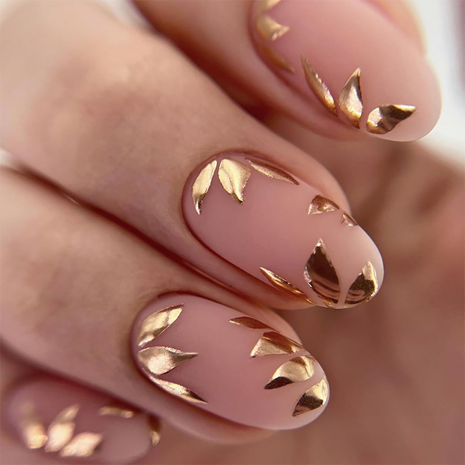 TBRZTR Press on Nails Short Length Almond Shaped Nails Artificial Acrylic Nails Gold Leaves Design Fake Nails Full Cover Glossy Reusable Coffin False Nails Glue on Nails for Women 24Pcs