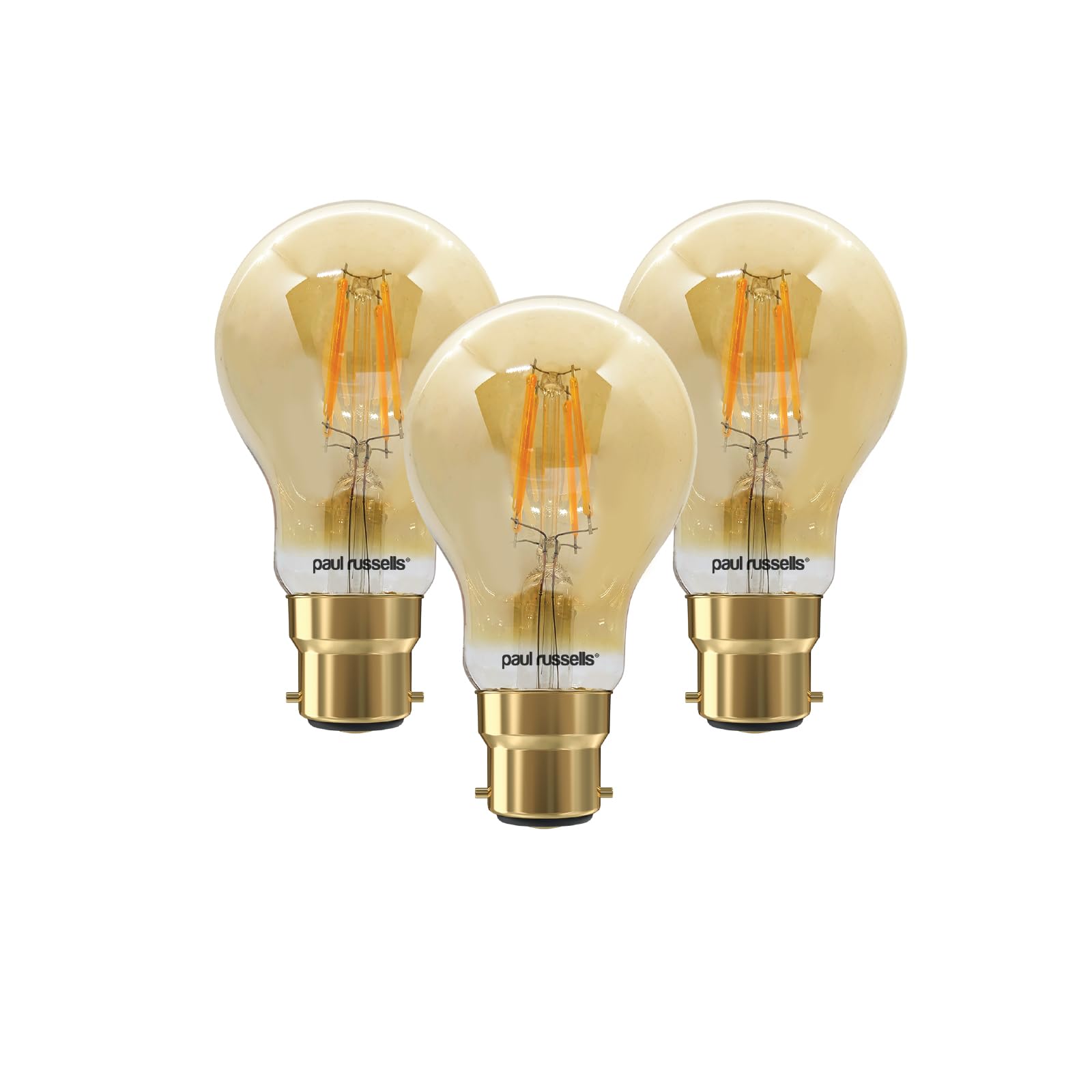 paul russells B22 Bayonet Cap LED Filament – 7Watt 50W Equivalent 680LM Lumens 2200K BC Standard GLS A60 – Amber Bright Energy Saving Light Non-Dimmable – Extra Warm White Bulbs - Pack of 3