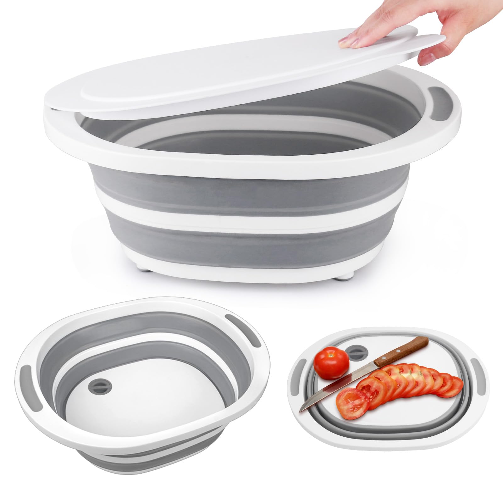 Photo 1 of Collapsible BBQ Prep Tub with Lid, 7.5L Bottle Wash Basin with Drain Plug, Chopping Board Colander for Kitchen, Portable Camping Sink Dish Basin, Folding Dish Pan Storage Basket Picnic BBQ Accessories