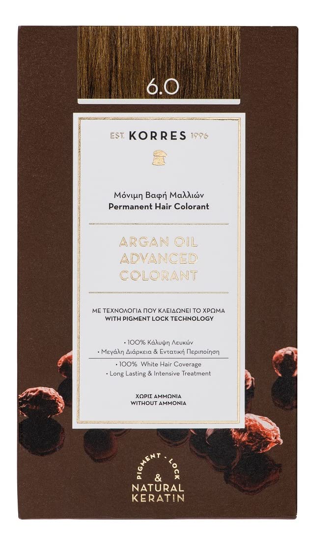 KORRES Argan Oil Colorant - Amonia-Free Hair Colour Dark Blonde 6.0-100% Grey Hair Coverage & Vegan for a Long-Lasting Colour Result