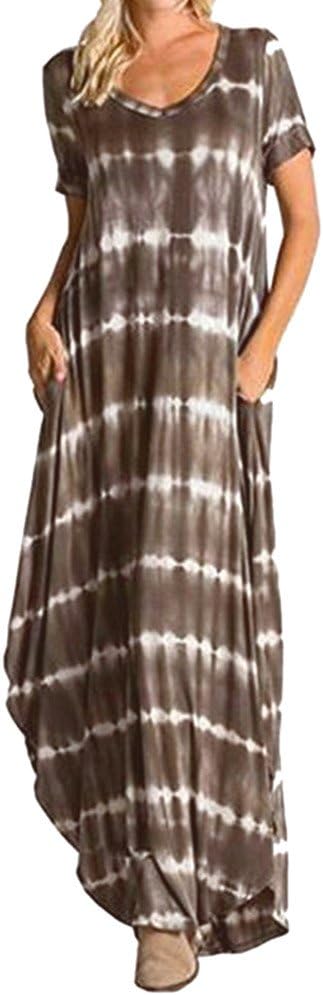 Women Casual Short Sleeve Split Tie Dye Striped Beach Pocket Split Irregular Hem Long Dress