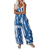 HVEPUO Spaghetti Strap Bohemian Summer Jumpsuits for Women Tie Dye Pant Rompers Casual Loose Plus Size Jumpers with Pockets