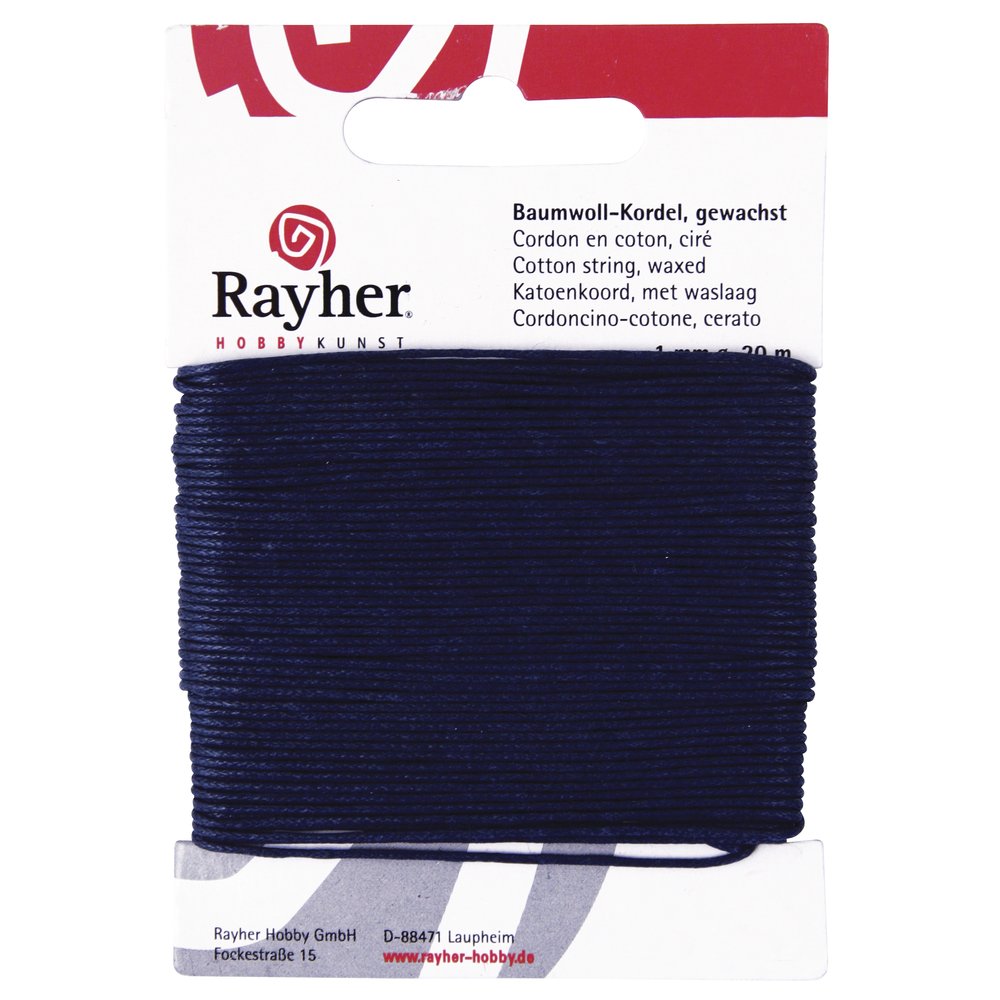Rayher 5169110 Cotton Cord Waxed 1 mm Self-Service Card 20 m Dark Blue