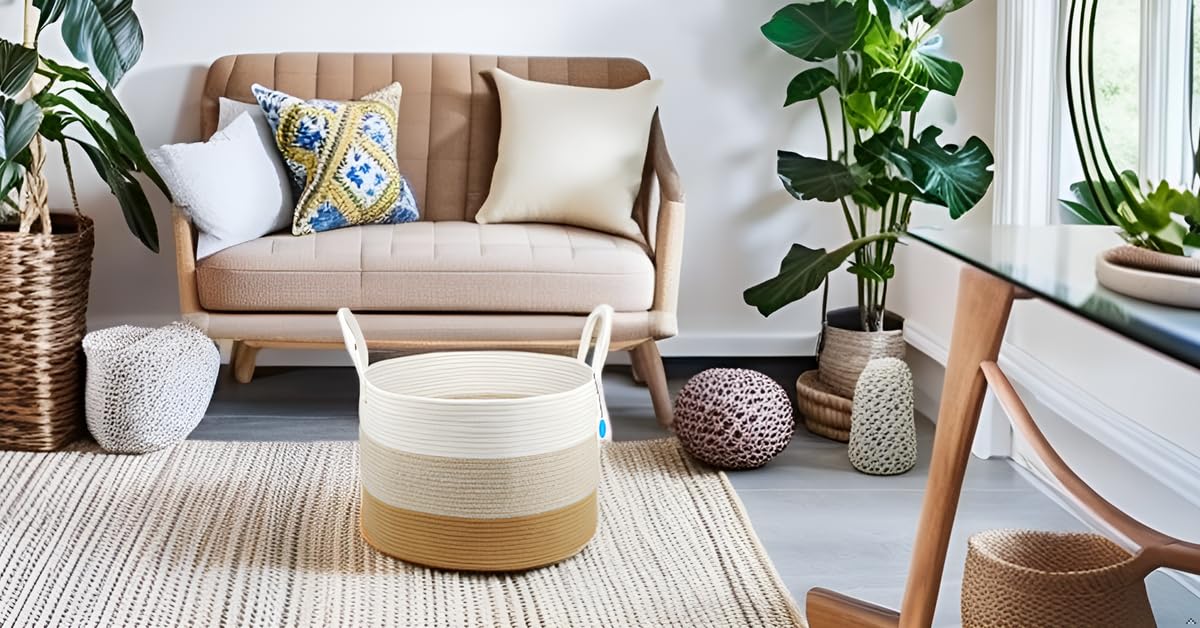 Blanket Basket, Storage Basket, Laundry Basket, 20”*20”*13”, Blanket Basket, Cotton Rope Basket, Laundry Hamper,Blanket Storage for Living Room (White & Gradient Brown