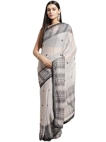 Shaily Womens Grey Georgette Embroidered Saree