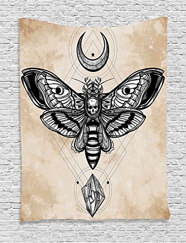 Black Moth with Skull Face in Gothic Grunge Style, Connect with Crescent Moon and Precious Stone, Bedroom Living Room Dorm Wall Hanging Tapestry