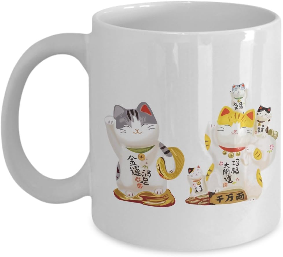 Cat Coffee Mug - Cute Funny Kitten Tea Cup Gift Ceramic - 6 Waving Kitty Figurine with Chinese Character - Bring Wealth and Treasure