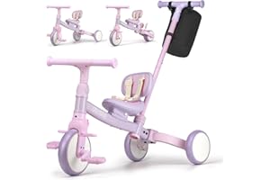Phobby 5 in 1 Toddler Tricycle with Steering Push Handle for 1 2 3 4 Years Old, Kids Trike with Removable Pedals, First Riding Toy Birthday Gift for Girls Boys, Pink