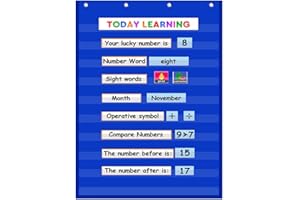 AUVCAS VNOM Standard Pocket Chart Clear 10 Pockets Chart for Classroom & Home Heavy Duty Hanging Pocket Chart for Word Wall/Letter Cards/Sentence Strips,28x43 Inch (28Wx43L, Blue)