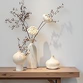 SincereLuxe White Ceramic Vase Set of 3 in Beige, Modern Aesthetic Stone-Look Textured Pottery Vases for Shelf & Bookshelf Home Decor, Neutral Minimalist Decorative Vases for Flowers & Pampas Grass