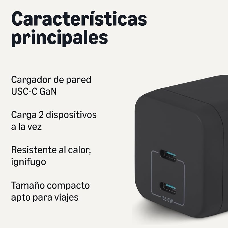 Cargador de Pared USB-C Nano GaN de Carga Rápida, 35W y 2 Puertos para Tablets y Teléfonos, Negro — foto 2 de 5