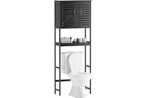 SMIBUY Bathroom Over The Toilet Storage Cabinet, 2 Door Bamboo Cabinet Organizer, Freestanding Space Saver Toilet Rack with Adjustable Inside Shelf and Open Shelf (Black)