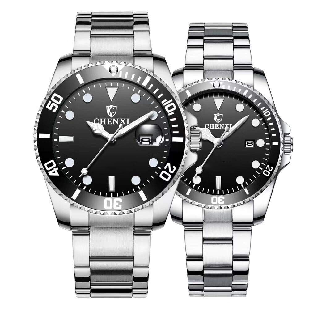 MASTOP Couple Watches Classic Golden Stainless Steel Watch His and Hers Waterproof Quartz Watch…, Silver black, Quartz Watch