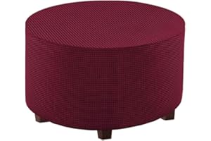 VIENLOVE Round Ottoman Slipcover Polyester Blend Footstool Protector Covers Stretch with Elastic Bottom Feature Textured Machine Washable Jacquard Fabric (Burgundy, Medium Size)